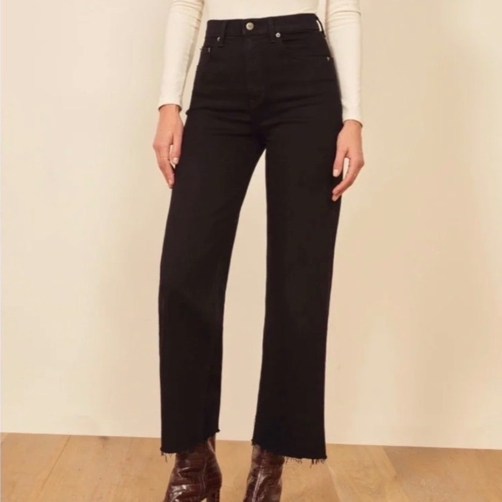Reformation Stretch Flood Jeans Women 24 Black High Rise Wide Leg Raw Hem Denim‎